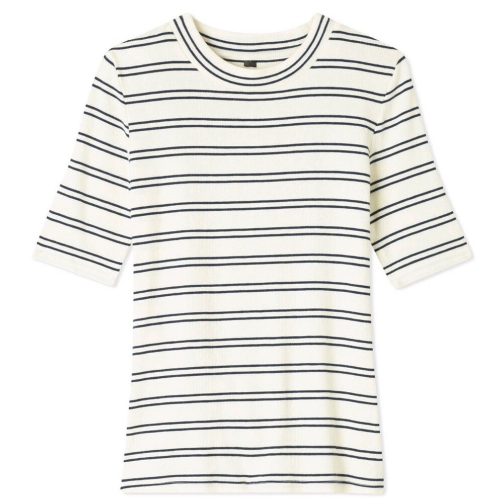 Summersalt The Softest Ribbed Elbow Sleeve Tee Top Black & White Stripe 1XL